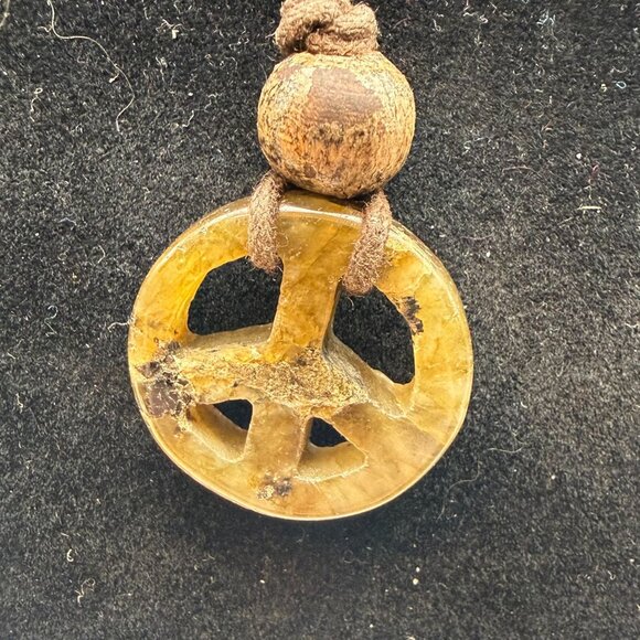 Rustic Peace Sign Pendant Necklace on Adjustable Cord with Wood Beads - Picture 5 of 5